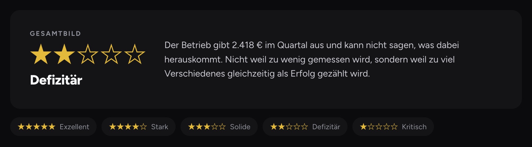 Auszug aus dem Musterbefund: Gesamtbild mit zwei von fünf Sternen, Bewertung defizitär